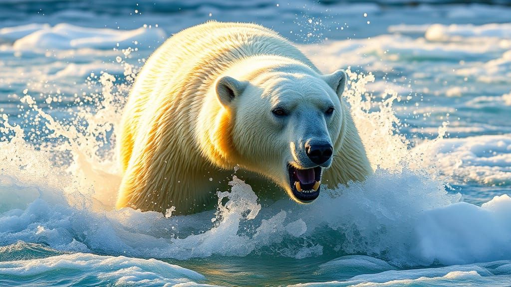 Regal Polar Bear Confronts Arctic River in Golden Light