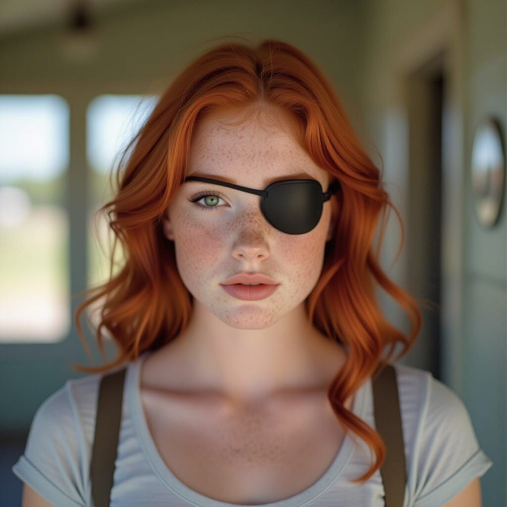 Redhead Teen Girl with Freckles and Eyepatch in Cinematic St...