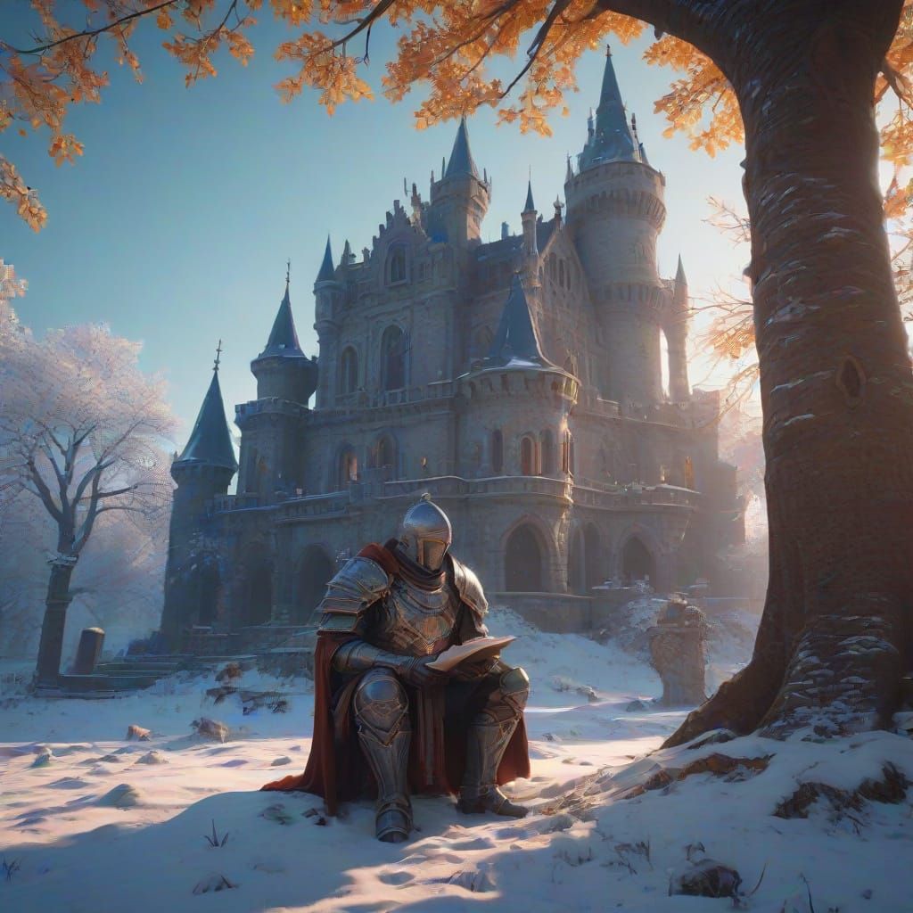 Ethereal Knight in Snowy Cemetery Castle Scene