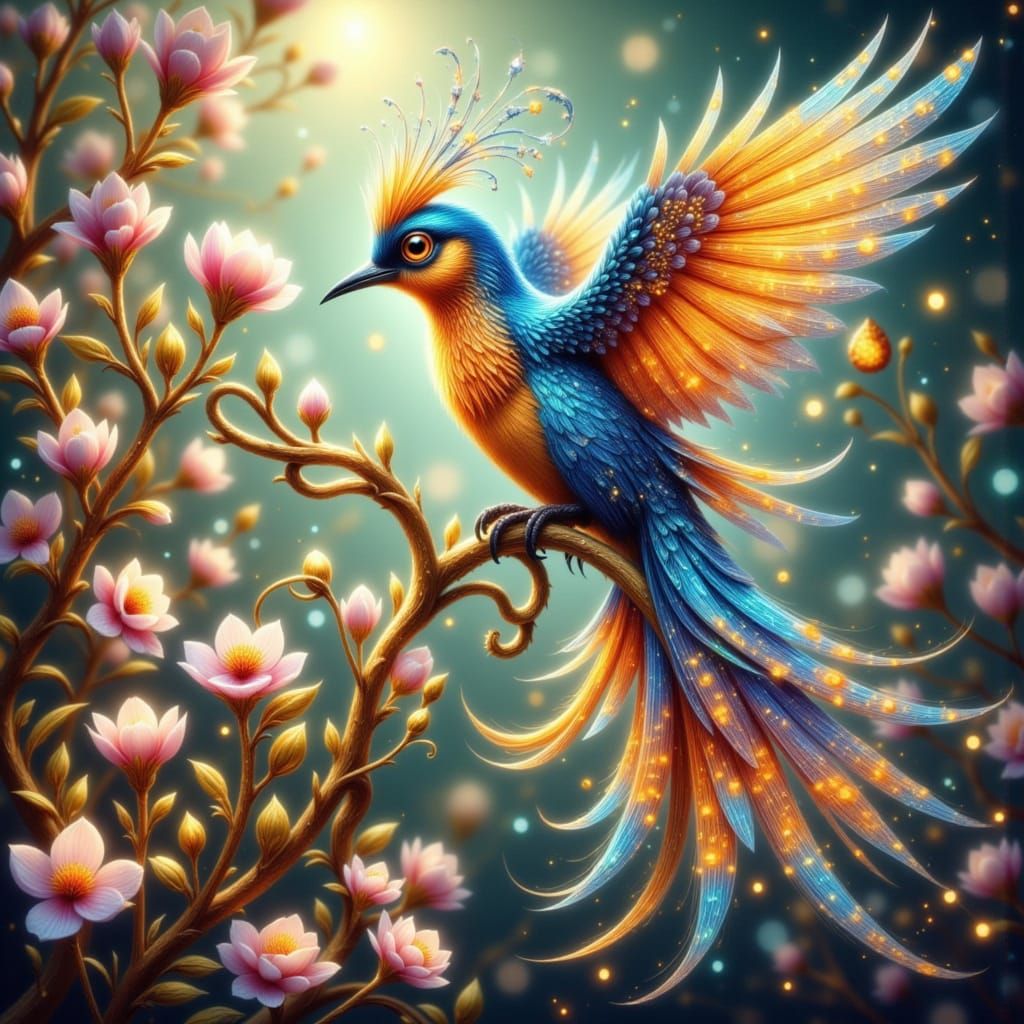 Whimsical Fantasy Bird with Iridescent Feathers
