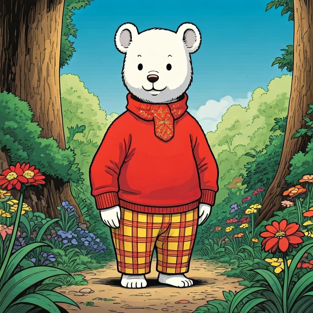 Whimsical Rupert Bear in Vibrant Outdoor Setting