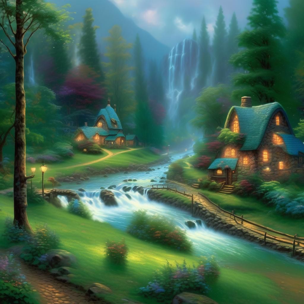 Rainy Forest Village in Thomas Kinkade Style