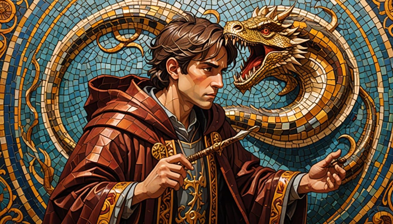 Gryffindor Hero Battles Basilisk in Vibrant Byzantine Mosaic