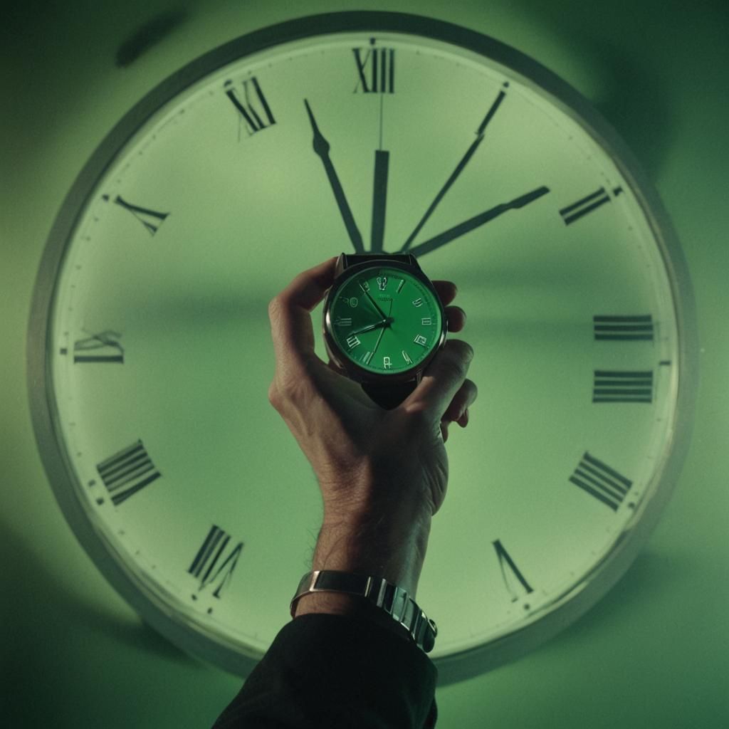 Eerie Dreamscape: Surreal Film Still with Distorted Clock
