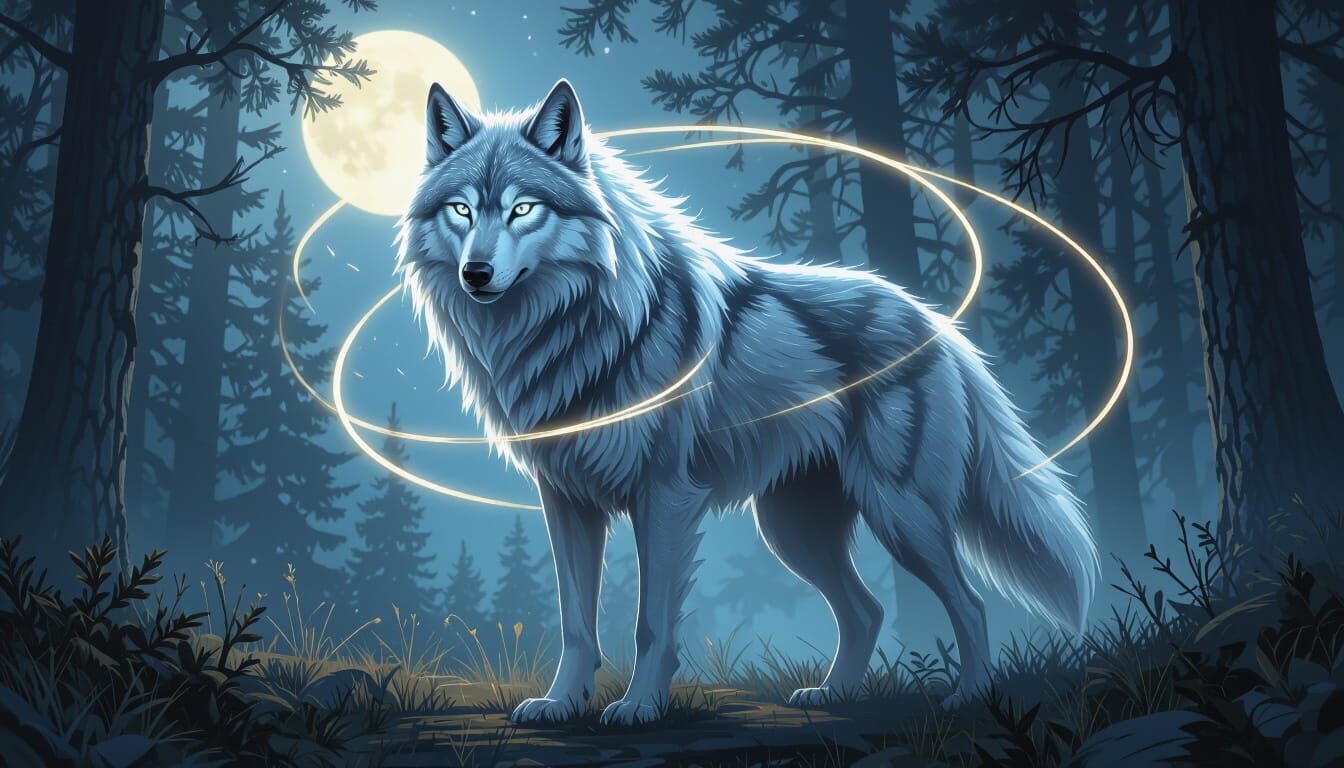 Mystical Silver Wolf with Glowing Eyes in Moonlit Forest