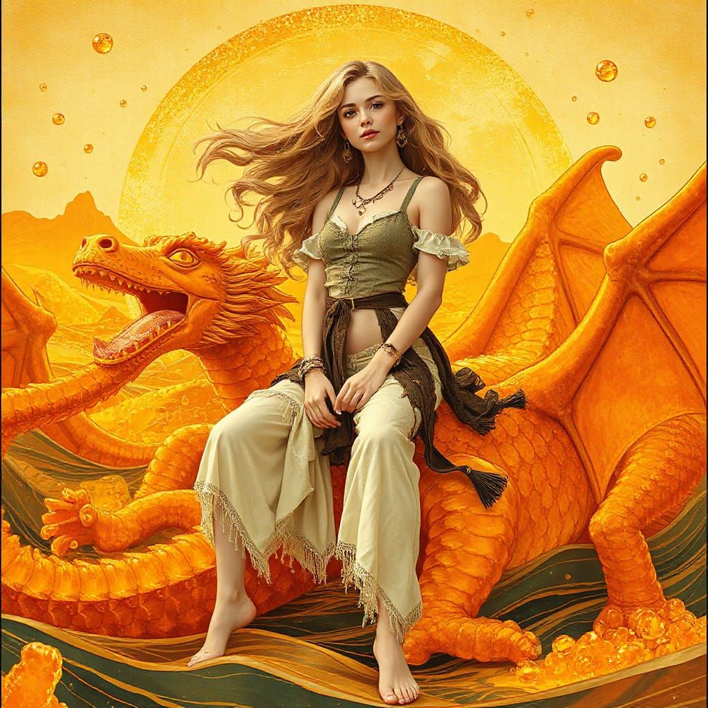 Woman on Gummy Dragon in Effervescent Soda Sea