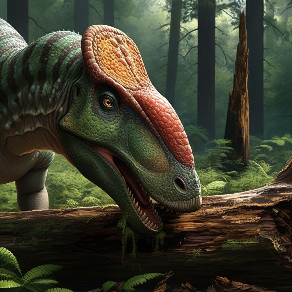 Hadrosaur Eating Log in Jurassic Forest