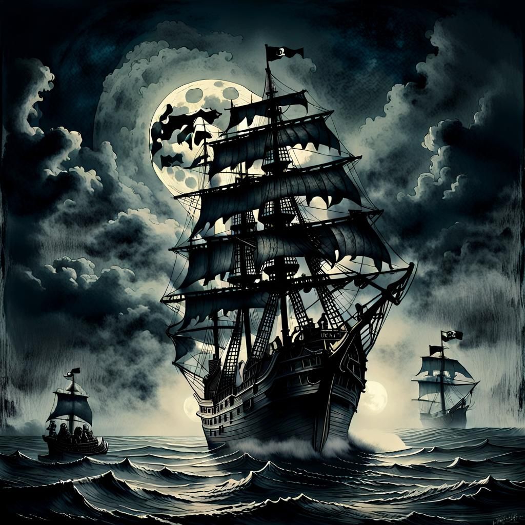 Eerie Gothic Pirate Ship Drifting on Misty Ocean