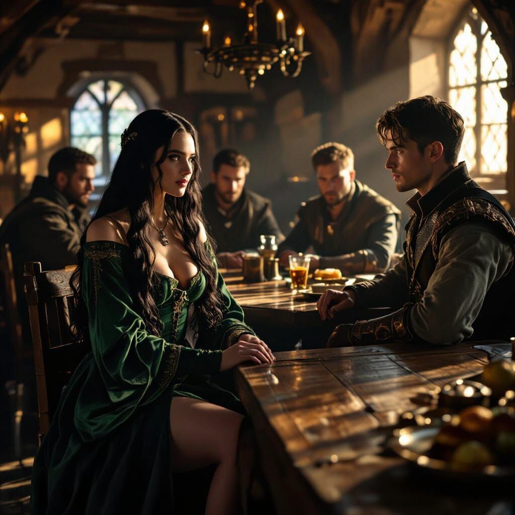 Medieval Inn Scene With Couple Observing Patrons