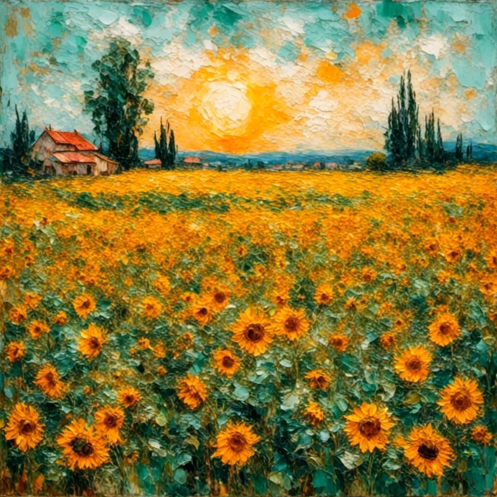 Golden Sunset over Sunflower Field as Impasto Painting