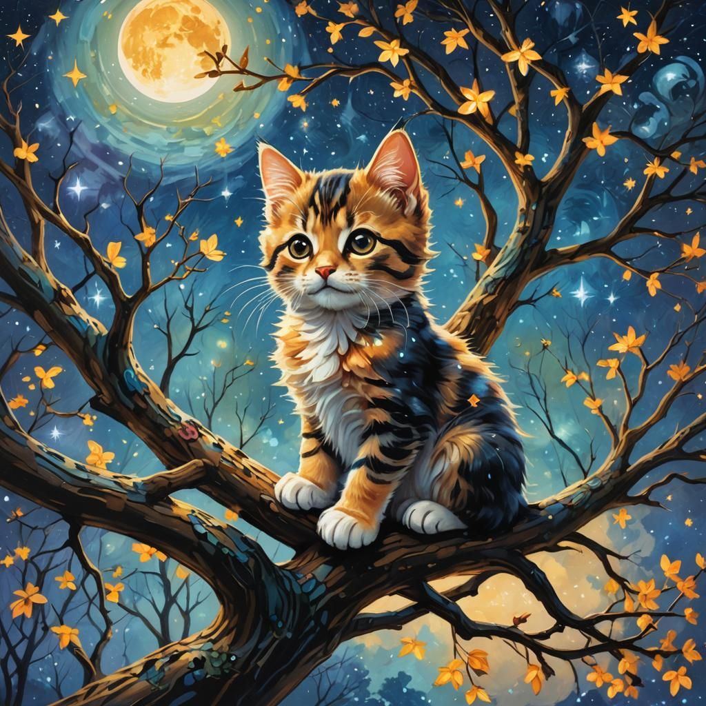 Kitten and Puppy Stargazing: Whimsical Oil Painting