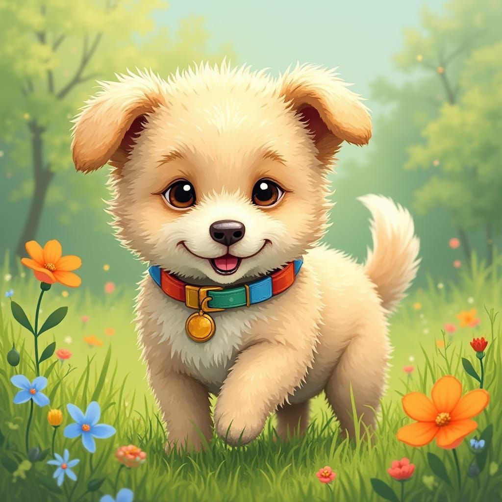 Fluffy Dog in Meadow, Beatrix Potter Style