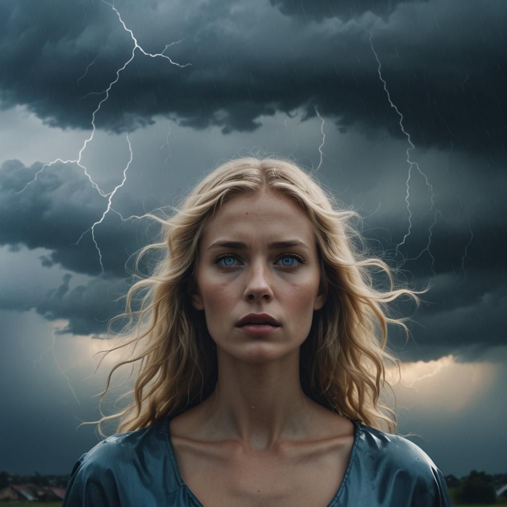 Surreal Blonde Woman with Blue Eyes in Thunderstorm