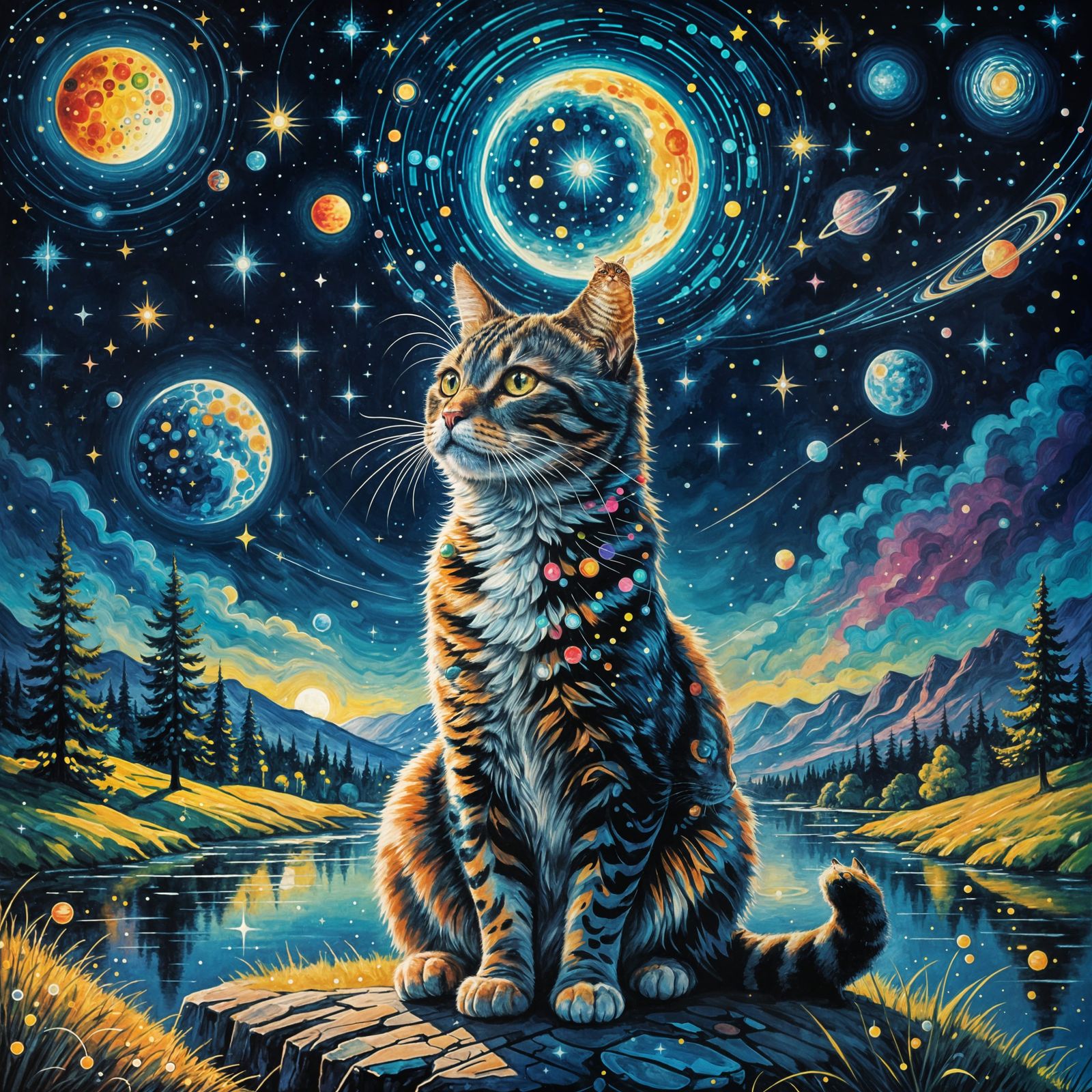 Cosmic Feline Dreamscape in Vibrant Kandinsky-Inspired Style