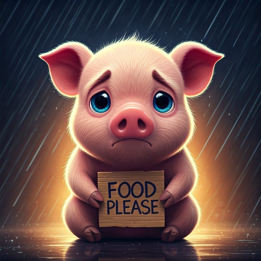 Sad Piglet As Digital Art Holding Food Sign