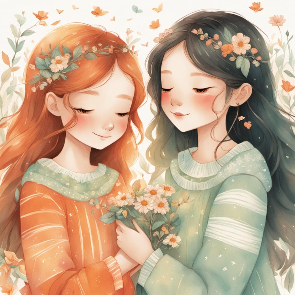 Sisters Embracing in Whimsical Watercolor Style