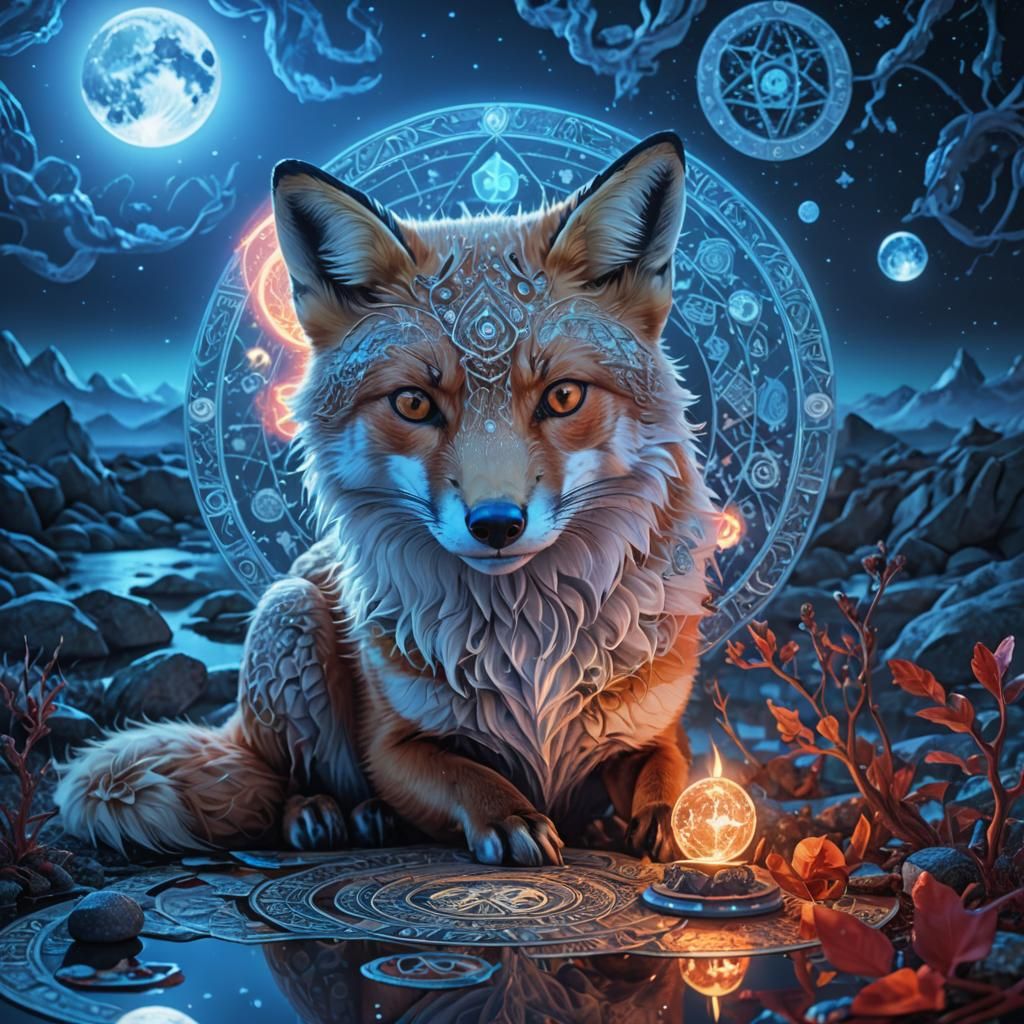 Mystic Fox in Holographic Tarot Card: Digital Art
