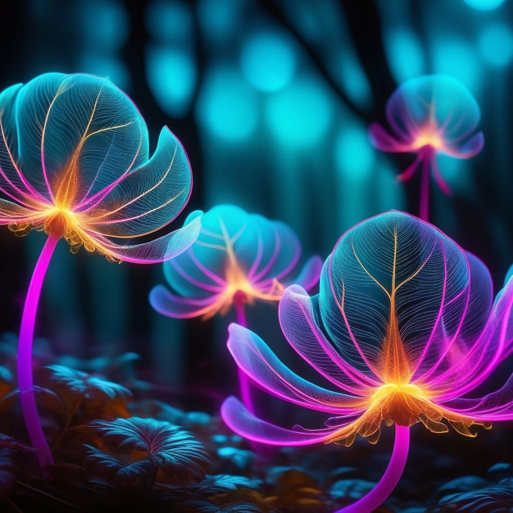 Surreal Alien Forest with Prismatic Plants and Glowing Roots