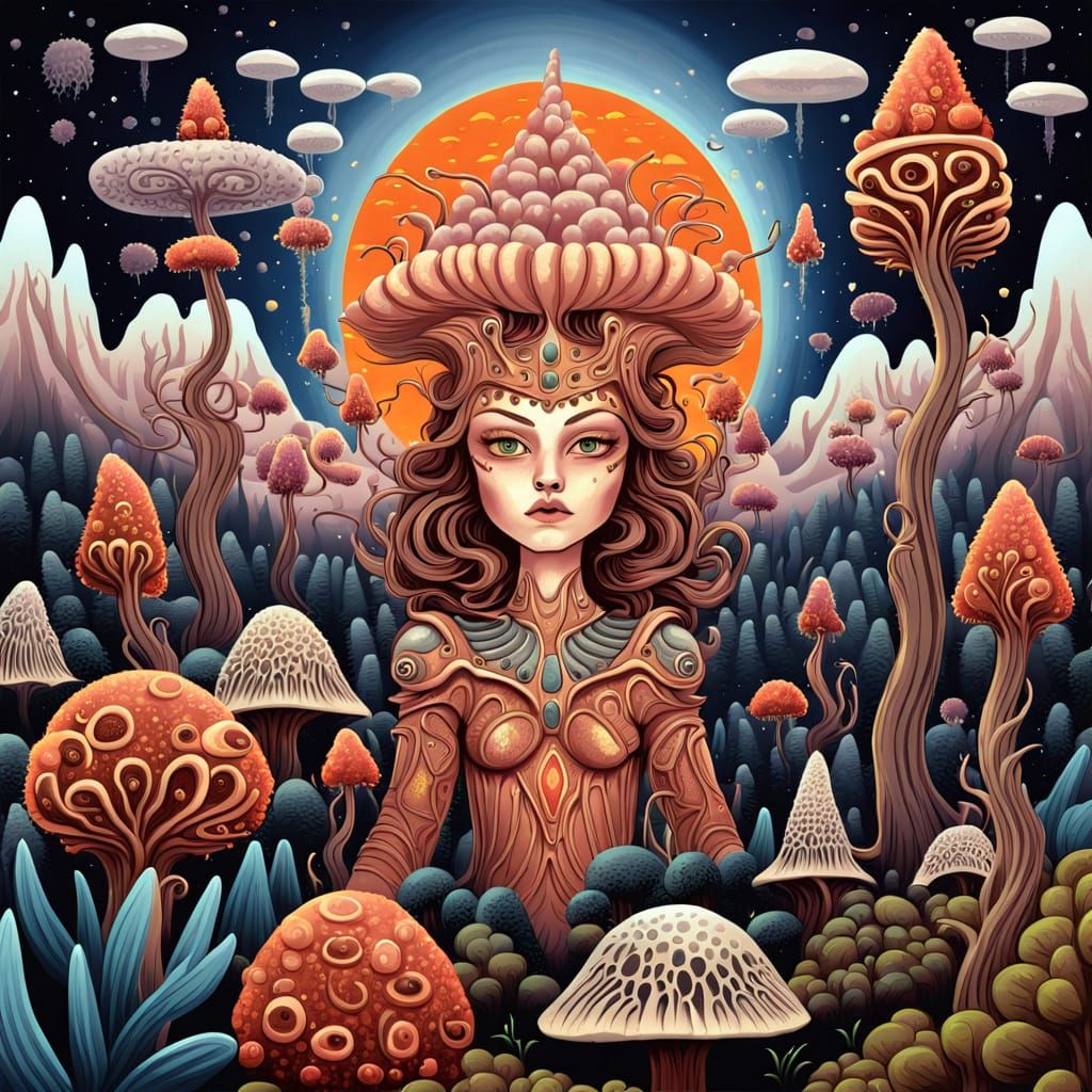 Cosmic Fungal Forests in Dreamlike Surrealism