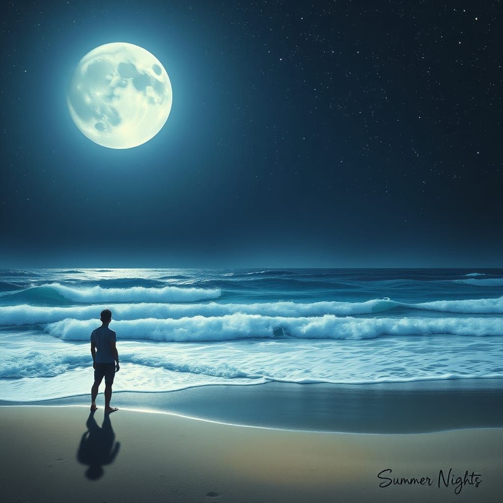 Moonlit Beach Scene: Hyperrealistic Summer Night