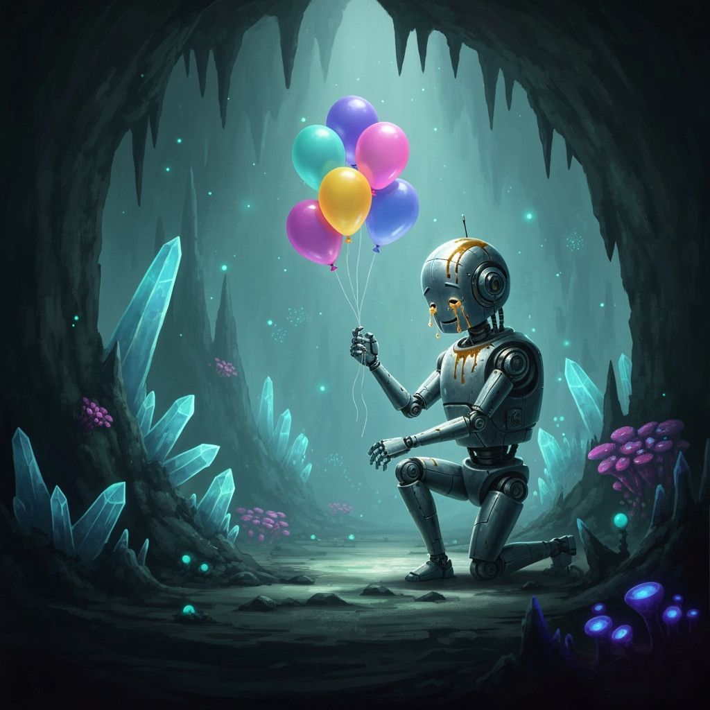 Robot Seeks Joy with Balloons in Alien Cave