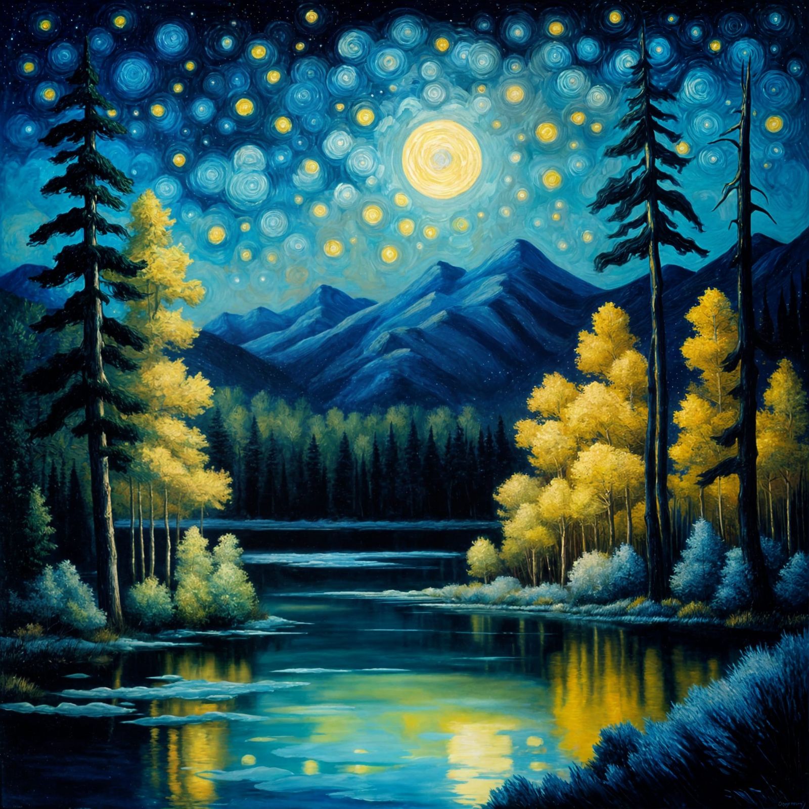 Futuristic Starry Night Forest Oil Painting