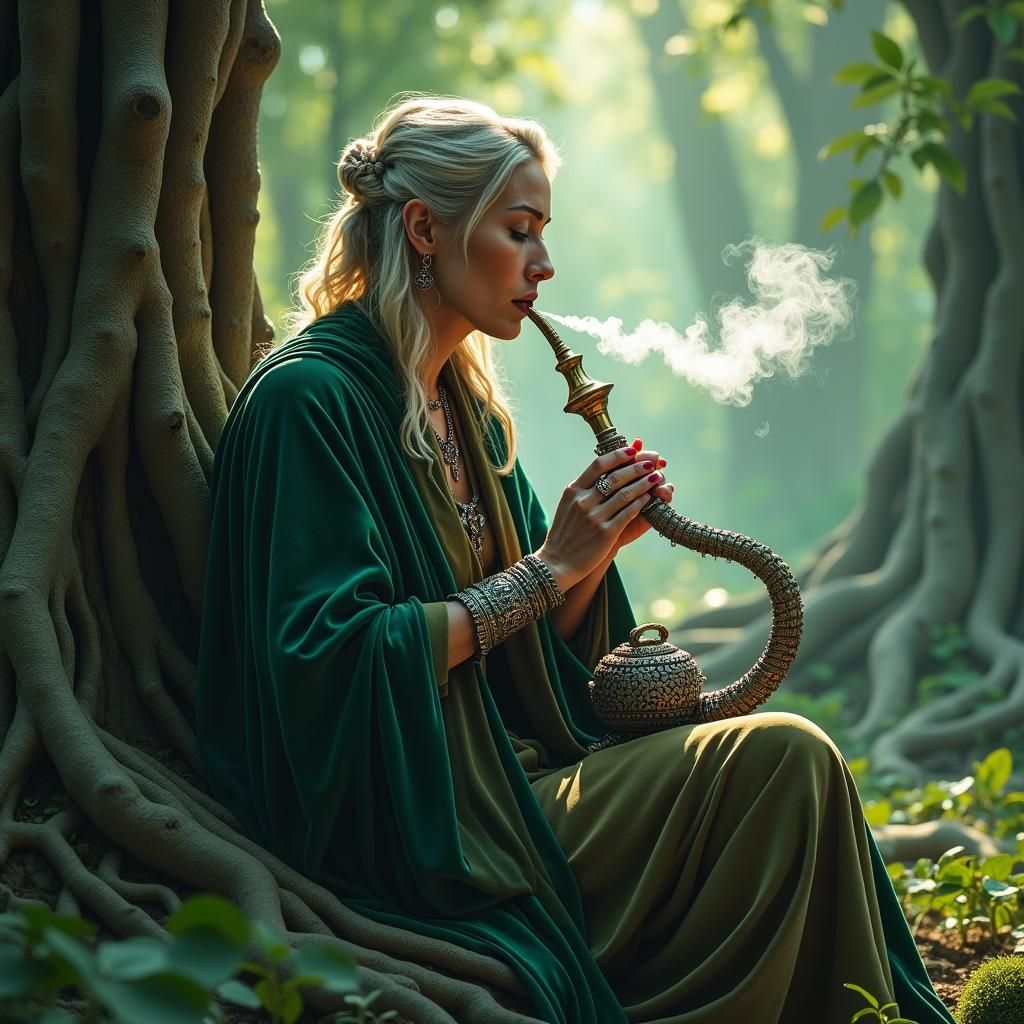 Mystical Forest Woman with Water Pipe in Fantasy Art