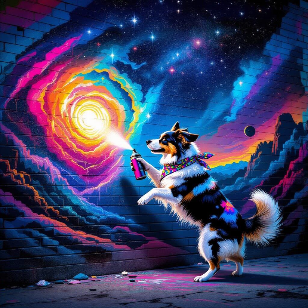 Graffiti Dog Paints Cosmic Mural in Street Art Style