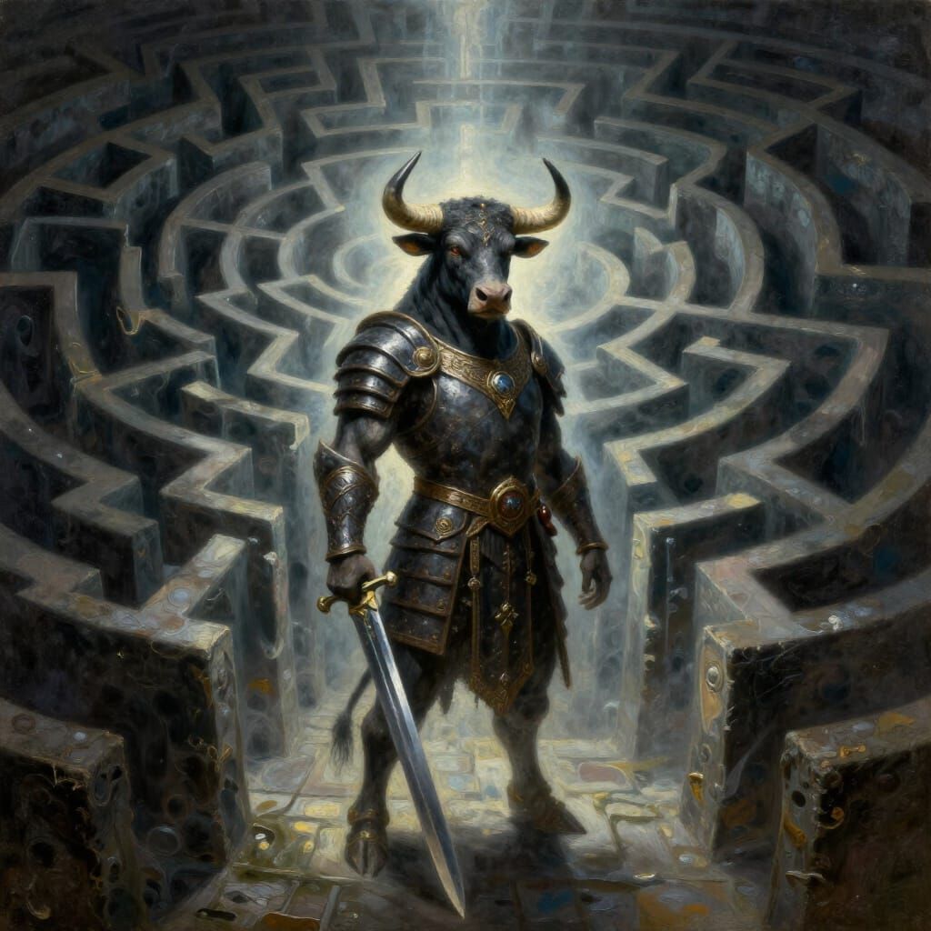 Minotaur in Labyrinth, Textured Oil Painting