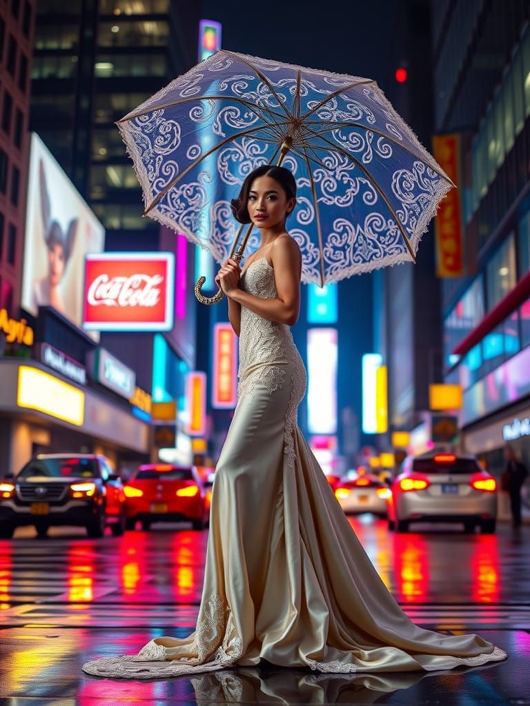Ethereal City Goddess with Crystal Umbrella and Whimsical Gl...