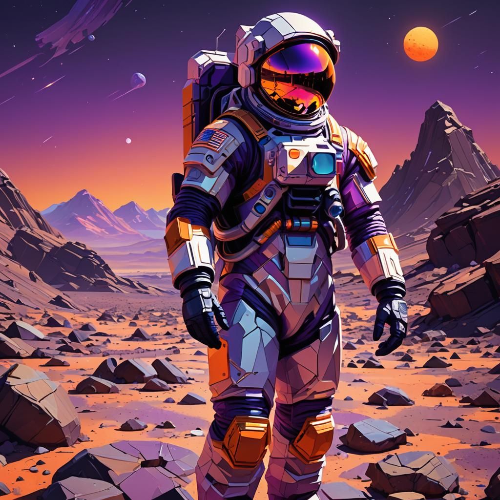 Astronaut on Barren Planet in Neon Sci-Fi Style