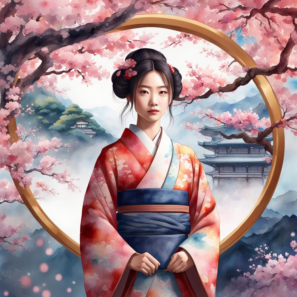 Watercolor Woman in Kimono with Sakura Tree
