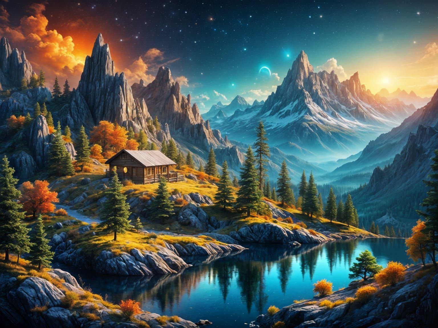 Cosmic Galaxy Portal Over Autumn Valley Cabin