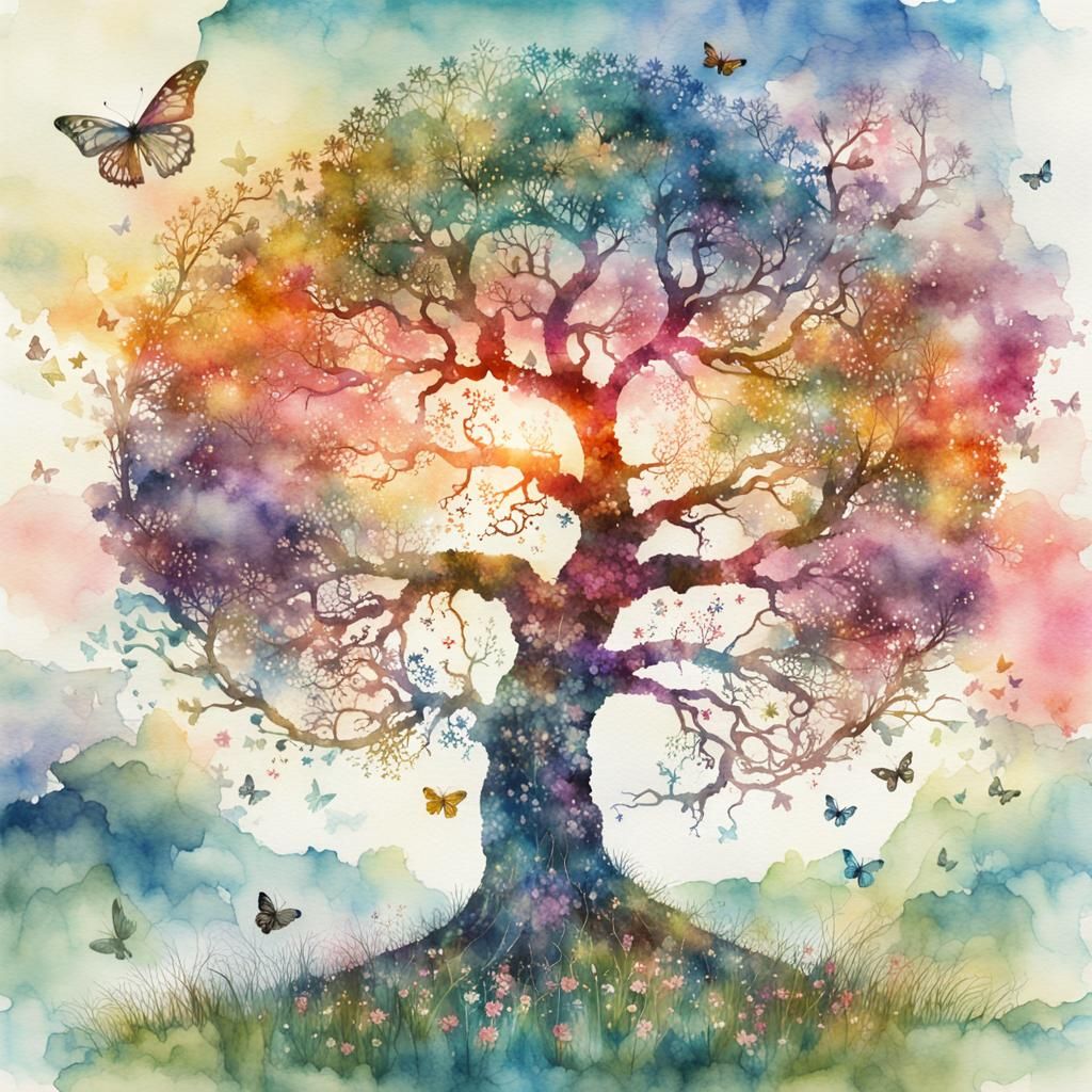Tree of Life Watercolor: Blossom and Butterflies
