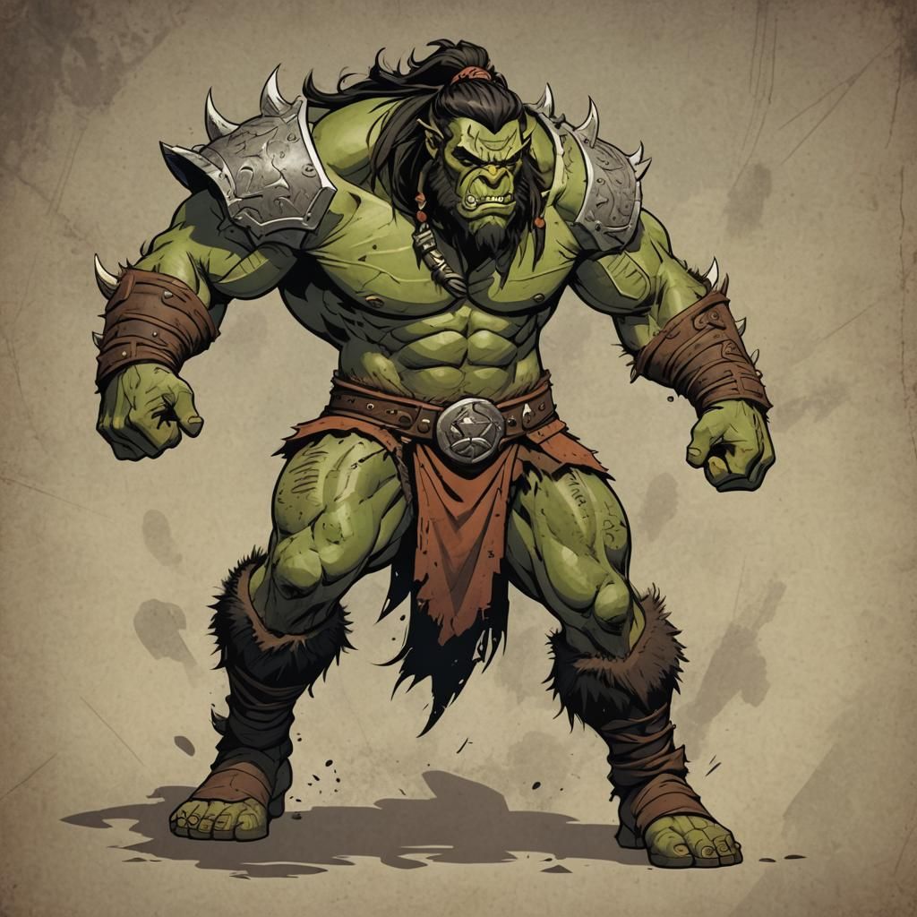 Muscular Half-Orc Barbarian Ready to Fight: Cel-Shaded Anime...