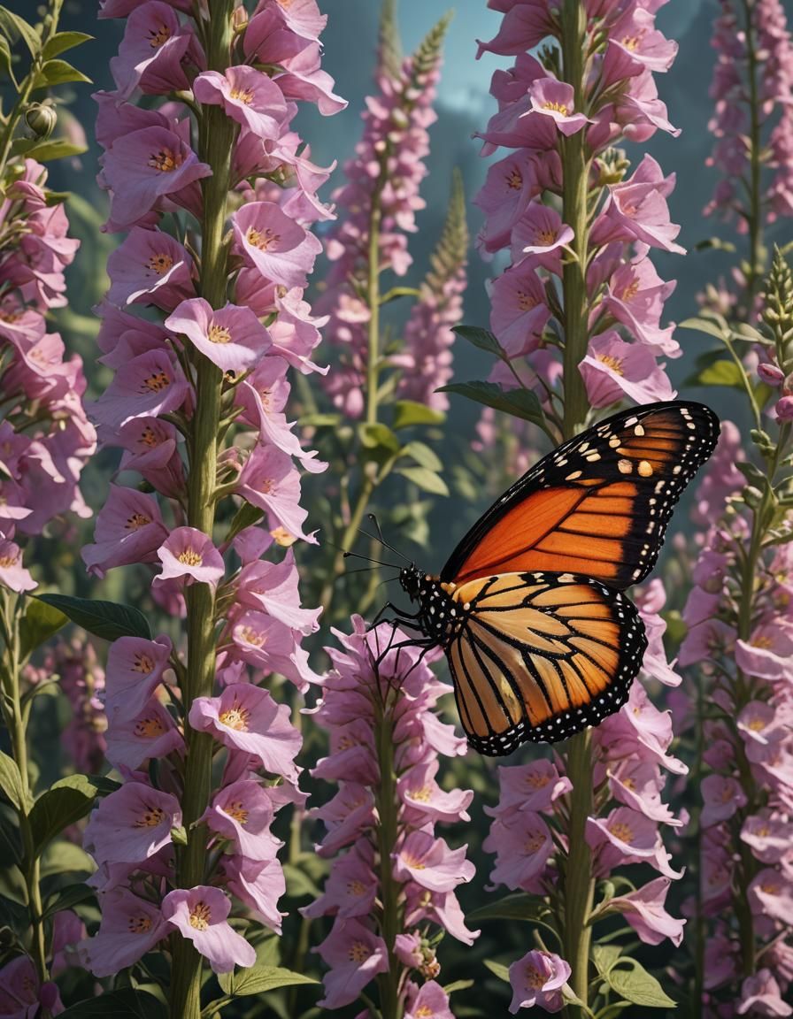 Monarch Butterfly on Blooming Foxglove: Fantasycore Masterpi...