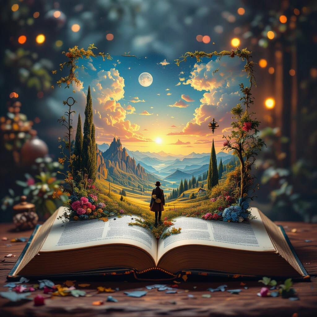 Surreal Open Book Landscape Merging Famous Art