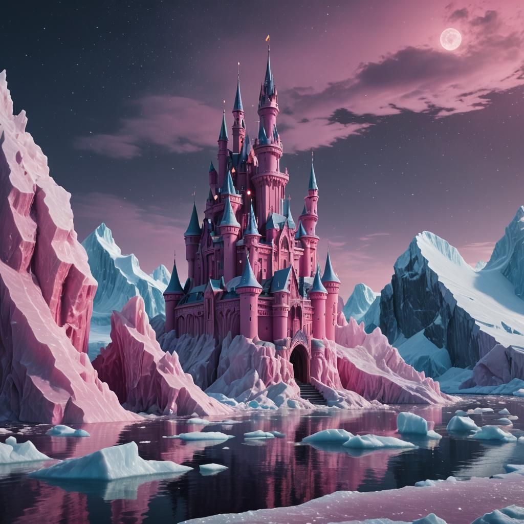 Pink Ice Castle on Arctic Iceberg at Midnight