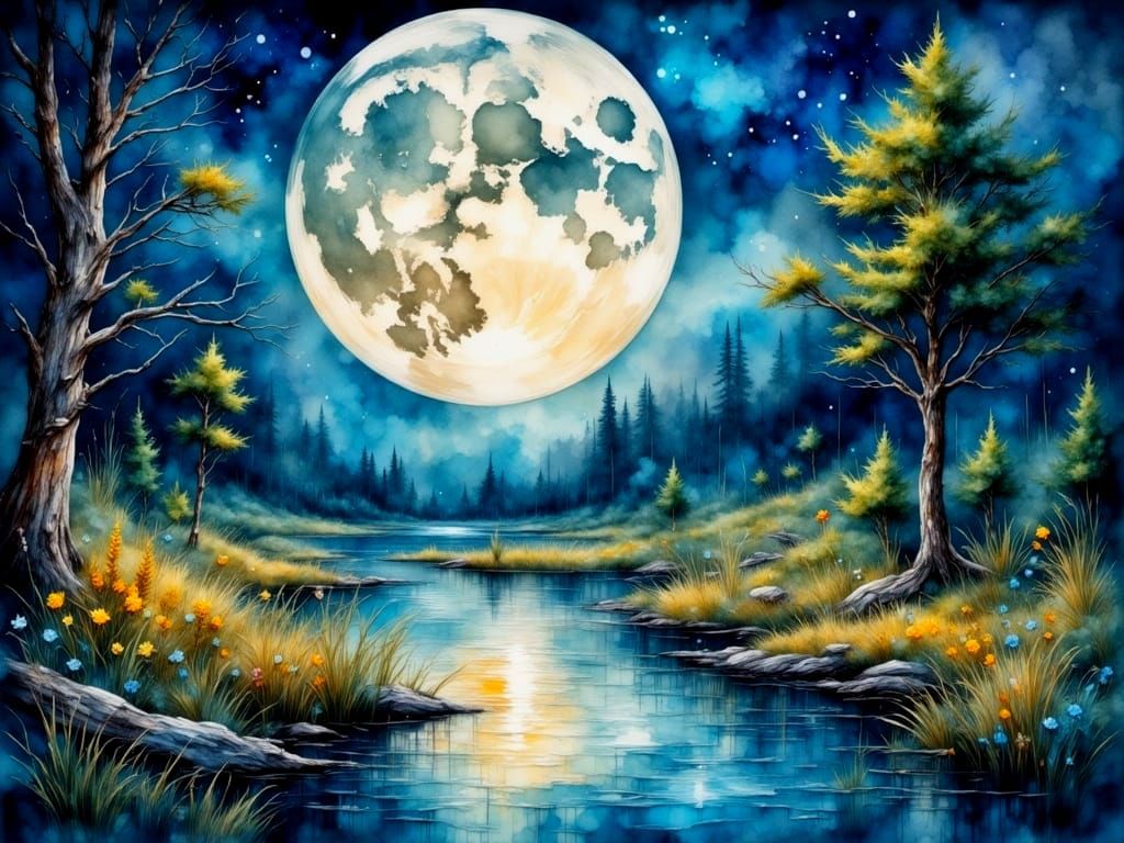 Dreamy Watercolor Moonlit Scene in Tactile Brushstrokes