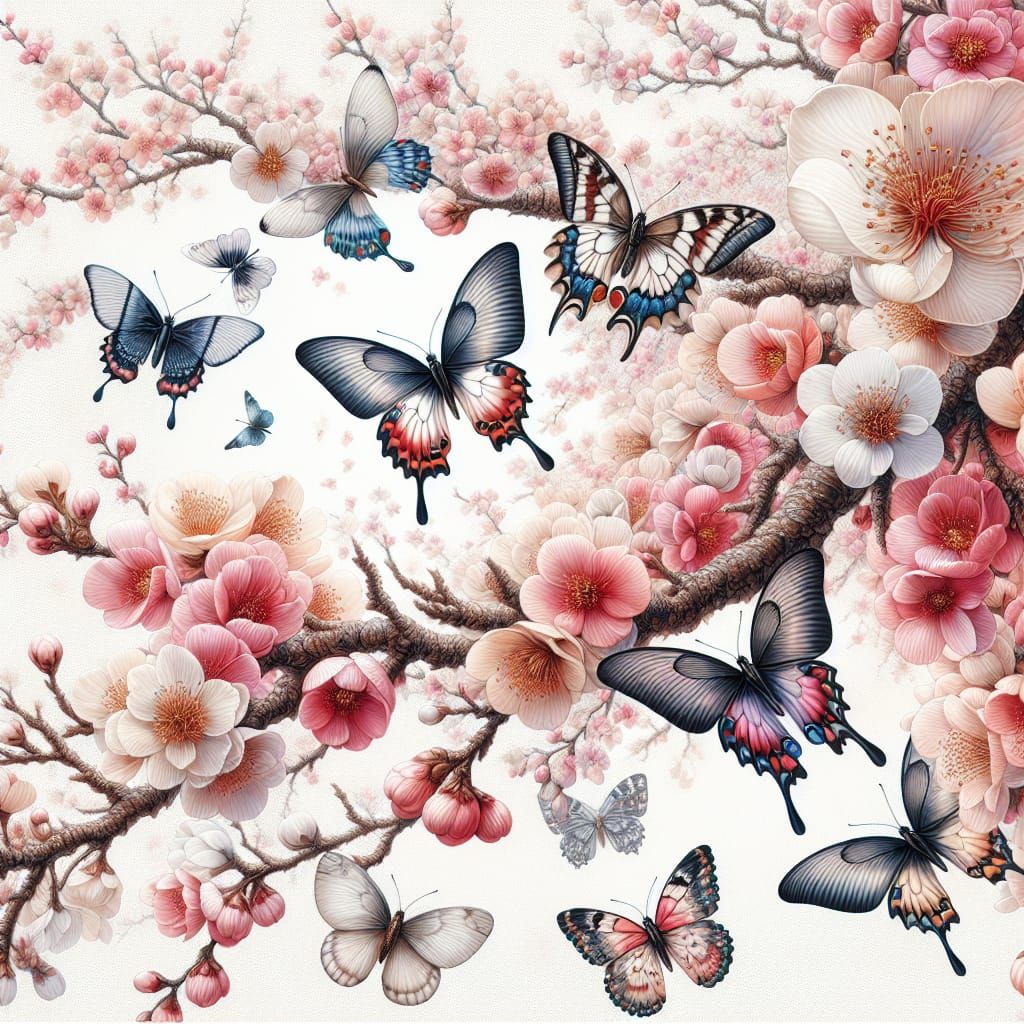 Detailed Cherry Blossoms and Butterflies in Spring