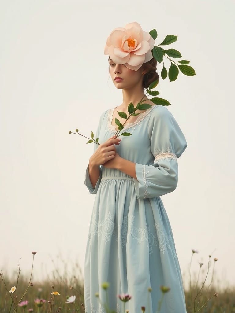 Serenely Standing Woman in Soft Landscape with Pink Camellia