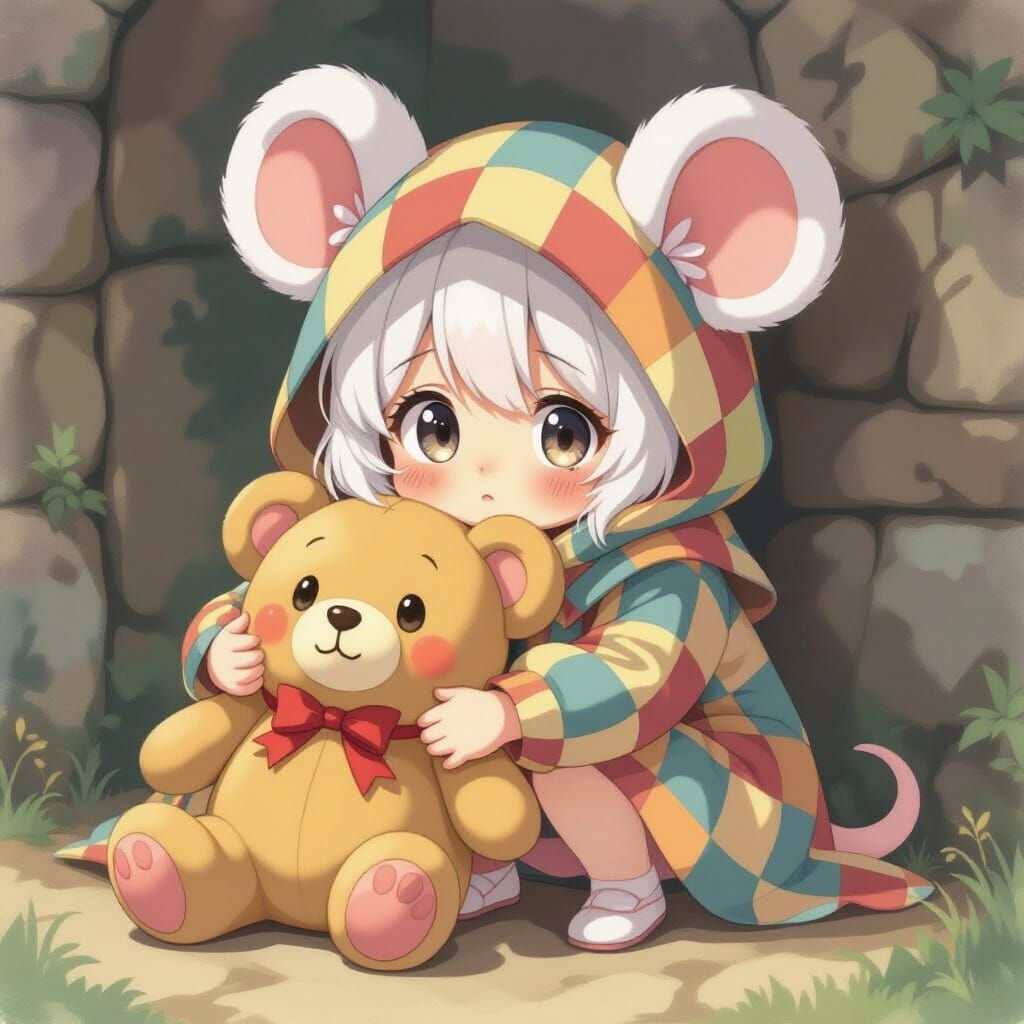 Vulnerable Mouse-Eared Girl with Plushie, Pastel Watercolor
