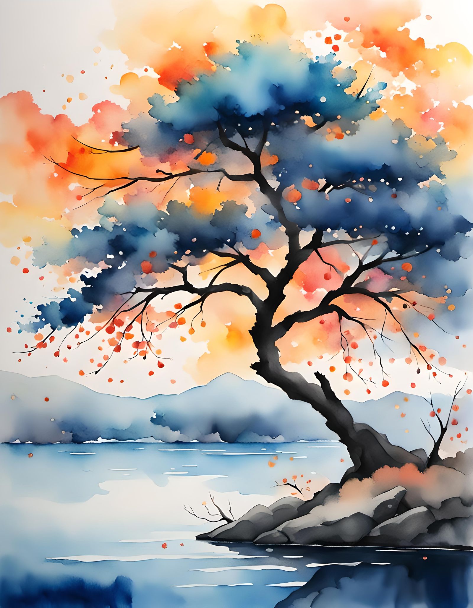 Vivid Blue Watercolor Tree in Japanese Ink Style