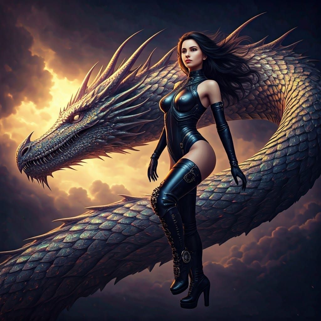 Lady and Dragon Soaring in Dramatic Light