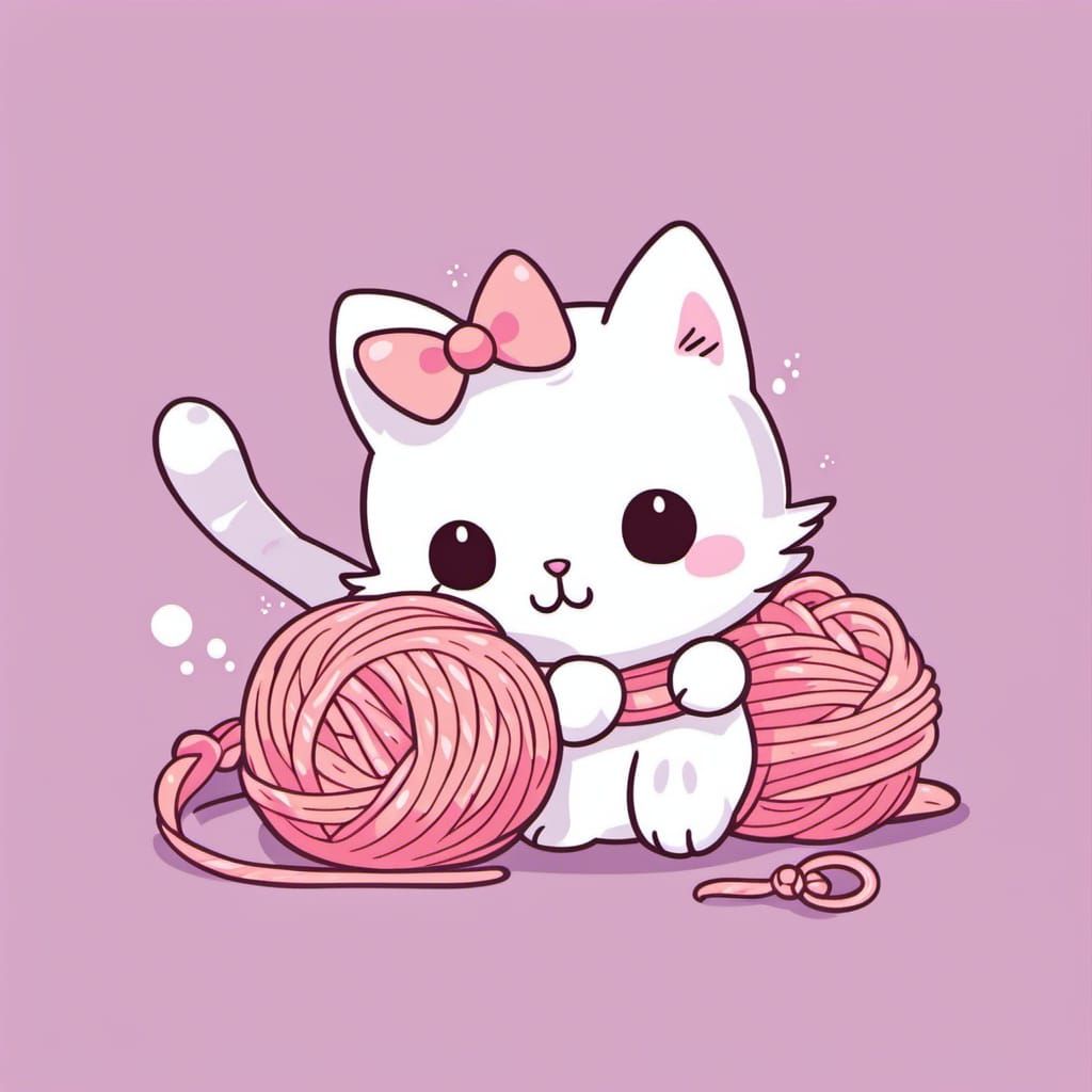 Cute Chibi Cat Ghost with Yarn, Sanrio Style