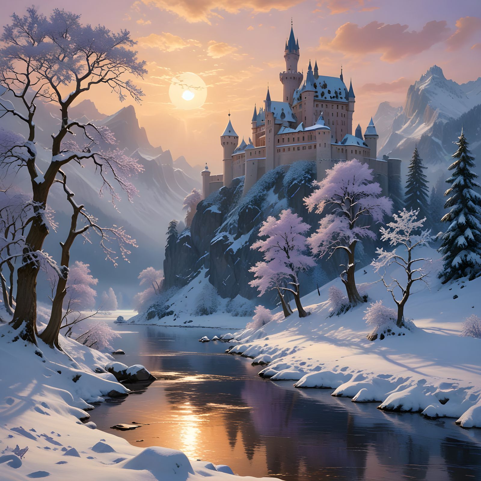 Golden Dawn Illuminates Majestic Neuschwanstein Castle in Sn...