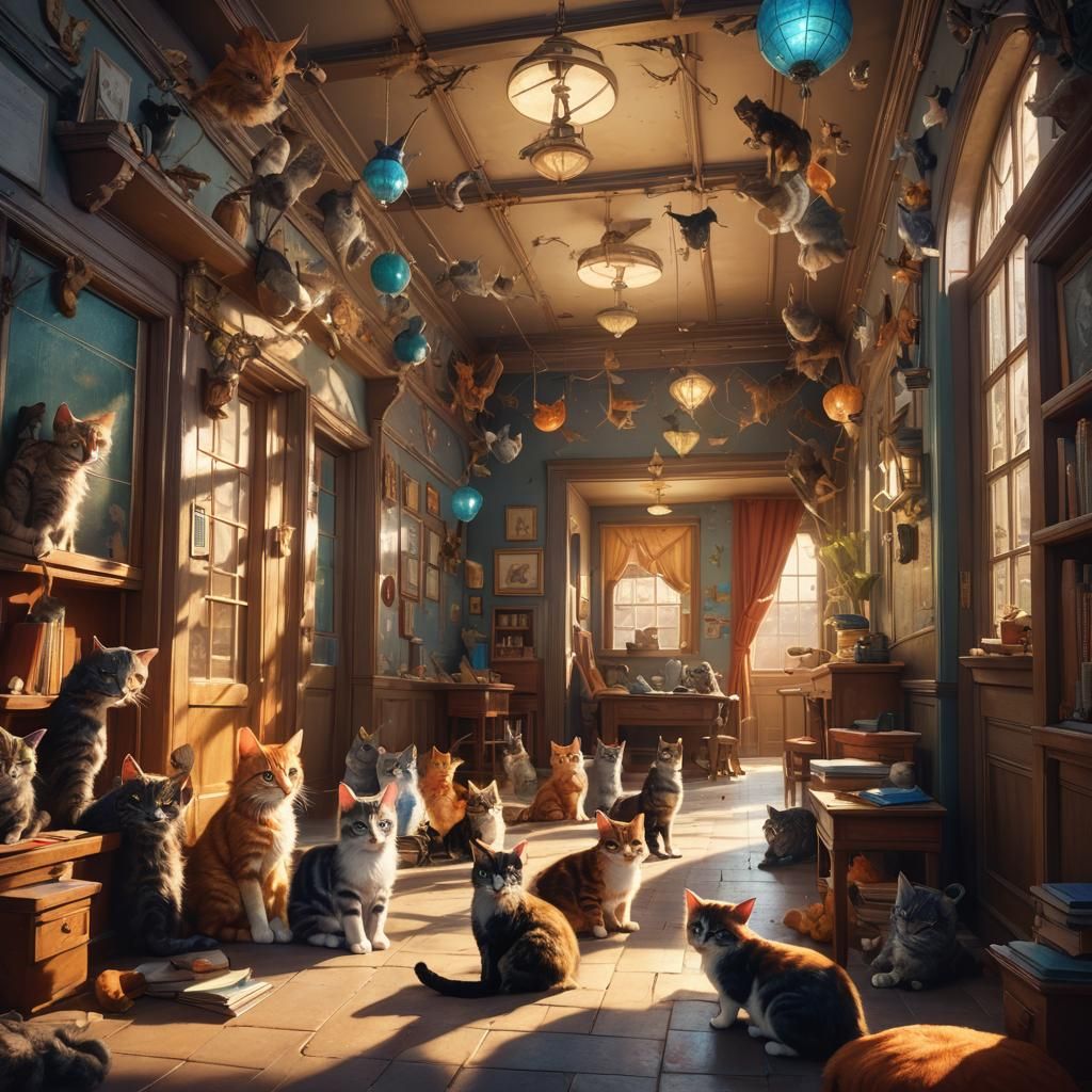 School Hallway Filled with Cats: Fantasy Illustration