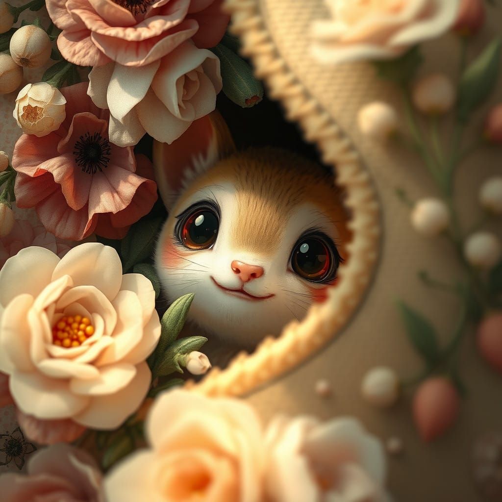 Whimsical Creature Hides Behind Floral Tapestry in Futuristi...