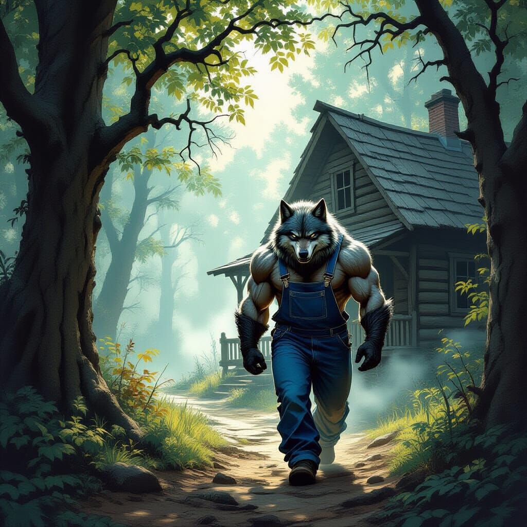 Muscular Wolf in Overalls Approaches Forest House
