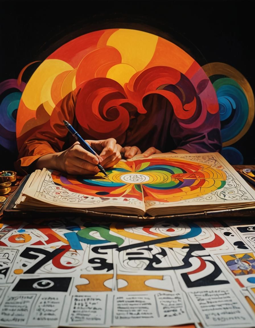 Cubist Poet Writing with Mystical Symbols